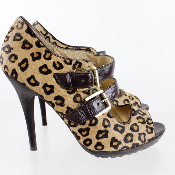 Michael Michael Kors Brown Calf Hair Leopard Peep Toe Mary Jane Heels SZ 7.5M - Picture 7 of 7